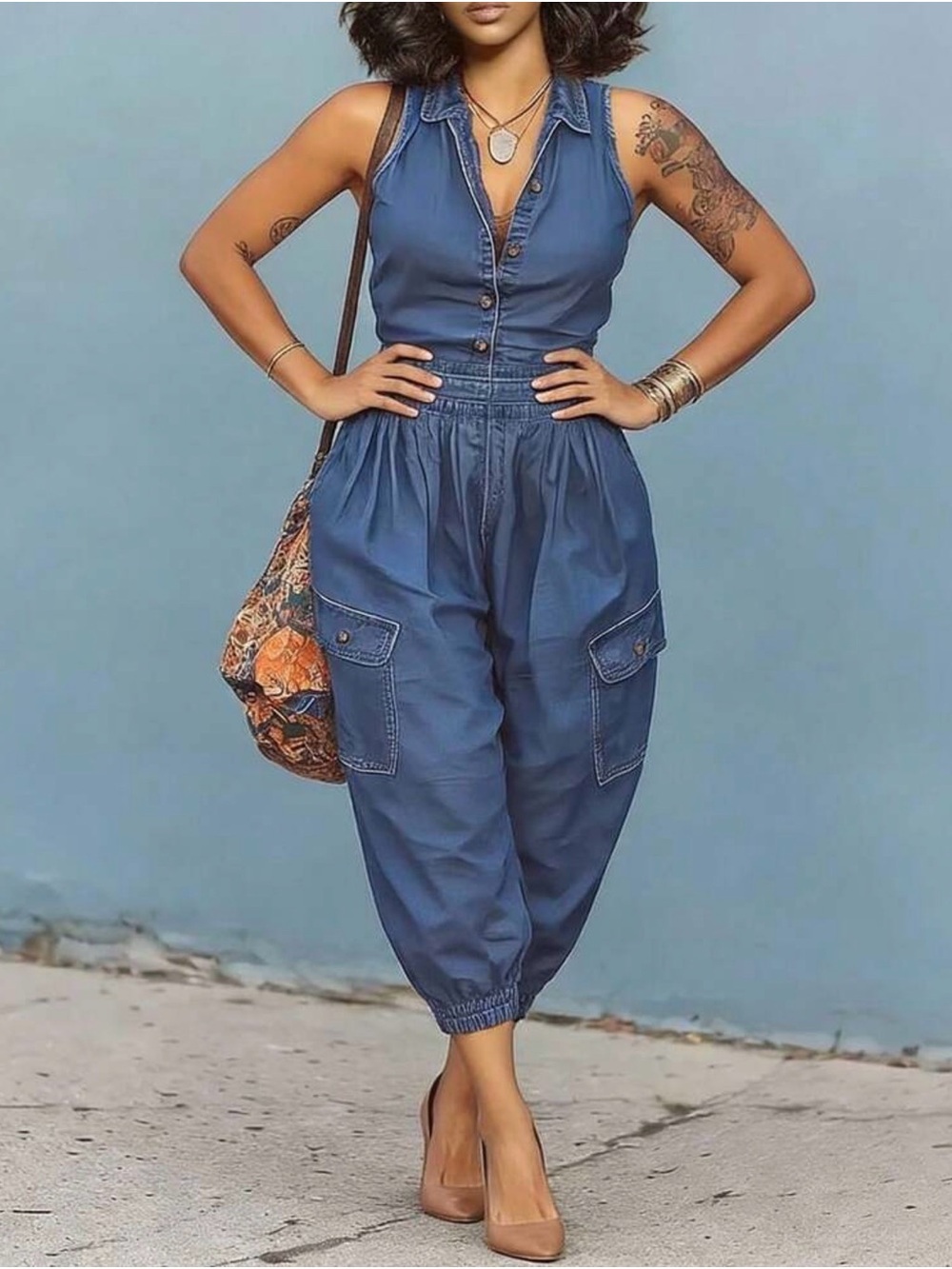 Sleeveless Blue Button-Front Jumpsuit